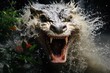 A cat with its mouth open and water splashing on it's face. AI.