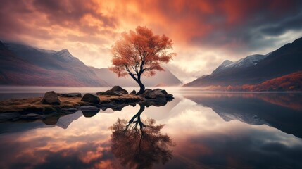 Photo of a solitary tree reflected in a serene lake created with Generative AI technology