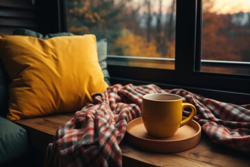 Sticker - A cup of coffee sitting on a tray next to a window. AI.