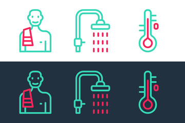 Poster - Set line Sauna thermometer, Man in sauna and Shower icon. Vector