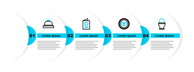Sticker - Set line Chicken egg on stand, Steak meat plate, Cookbook and Hotel service bell icon. Vector