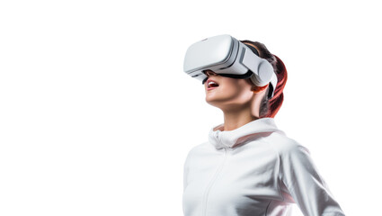 Wall Mural - Beautiful teenage girl with a Virtual reality headset, the girl dressed in white against the white background, Generative AI.