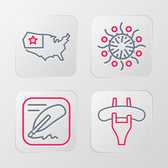 Sticker - Set line Sausage on the fork, Declaration of independence, Firework and USA map icon. Vector