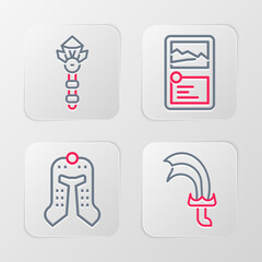 Sticker - Set line Sword for game, Medieval helmet, Card collection and Magic wand icon. Vector