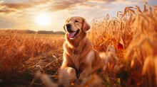 Golden Retriever On The Background Of An Autumn Field