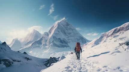 Wall Mural - a person hiking up a snowy mountain