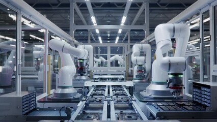 Conveyor with Advanced High Precision Robot Arms at Electronics Manufacturing Factory. Automated PCB Assembly Line. Semiconductor Production Industry. Component Installation on Circuit Board.