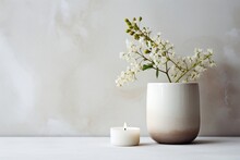 A Scented Candle Placed On A White Table Adorned With Vases, Generative Ai