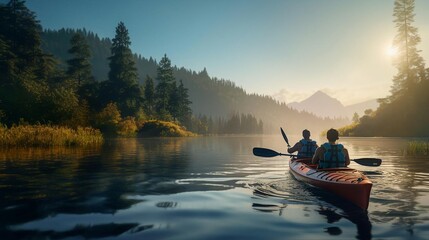 Wall Mural - two people in a canoe on a lake