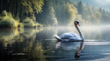 A Picturesque Scene Featuring A Graceful Swan Gliding Atop A Serene Lake Amidst A Stunning Natural Backdrop. Generative AI