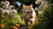Joyful Cat Frolicking On A Lush Green Springtime Setting In An Artistic Representation. Generative AI