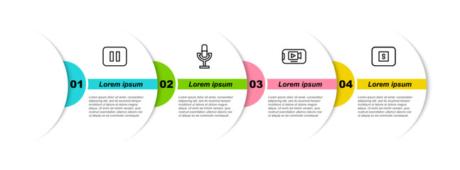 Sticker - Set line Pause button, Microphone, Online play video and Stop media. Business infographic template. Vector