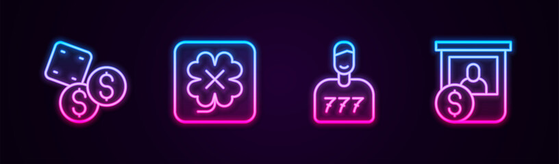 Wall Mural - Set line Game dice, Casino slot machine, Lucky player and chips exchange. Glowing neon icon. Vector