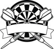 Darts sport emblem, logo with crossed arrows and banner. Monogram Vector illustration. Black and white team or sport club emblem design