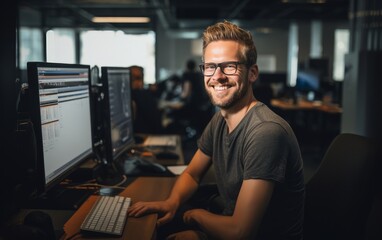 Happy software developer at work