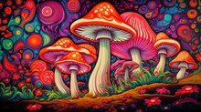 Bright Colorful Fantastic Mushrooms In A Forest Clearing. Fantasy.