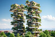 Sustainable green building in modern city. Green architecture. Eco-friendly building. Sustainable residential building with vertical garden reduce CO2. Apartment with green environment.