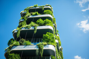 Sustainable green building in modern city. Green architecture. Eco-friendly building. Sustainable residential building with vertical garden reduce CO2. Apartment with green environment.