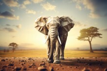 An Elephant Standing In The Middle Of A Dirt Field. AI.