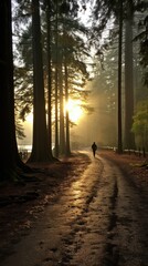 Wall Mural - A person walking down a dirt road in the woods. AI.