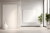 Fototapeta Mapy - Perspective view of blank light wall with place for poster or banner in a beautiful and awesome office corridor interior. 3D Rendering mockup. Created with generative Ai.