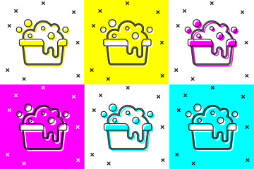 Sticker - Set Plastic basin with soap suds icon isolated on color background. Bowl with water. Washing clothes, cleaning equipment. Vector