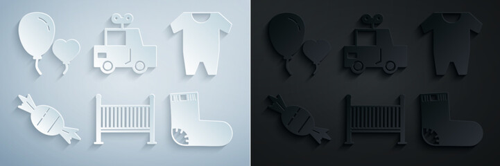 Wall Mural - Set Baby crib cradle bed, clothes, Candy, socks, Toy car and Balloons in form of heart icon. Vector