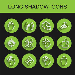 Sticker - Set line Human head with lamp bulb, Piece of puzzle, Project team base, puzzles strategy, gear inside, and icon. Vector