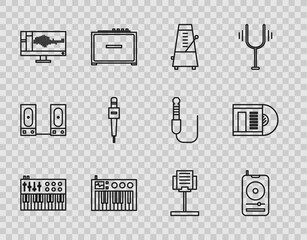 Sticker - Set line Music synthesizer, player, Metronome with pendulum in motion, Sound or audio recorder monitor, Microphone, stand and Vinyl disk icon. Vector