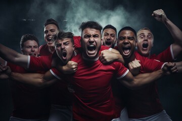 Wall Mural - In red clothes. Group of football soccer players celebrating a victory. Beautiful illustration picture. Generative AI