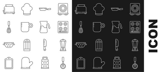 Sticker - Set line Pizza knife, Blender, Gas stove, Frying pan, Coffee cup, Kitchen whisk, Toaster and Jug glass with water icon. Vector