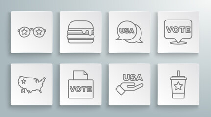 Poster - Set line USA map, Burger, Vote box, Independence day, Paper glass with straw, and Glasses stars icon. Vector