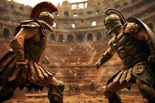 Fight Between Two Roman Gladiators In The Coliseum. Realistic Representation Of Roman Combat.