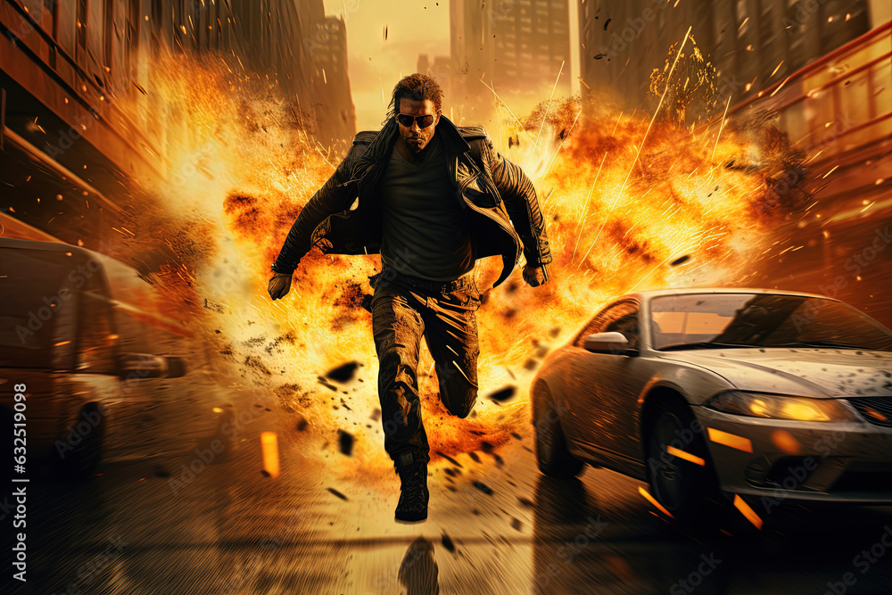 Action shot with man on the run. Dynamic scene in action movie ...