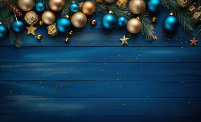 New Year's layout of balls and decorations in dark blue and gold tones, on a blue background