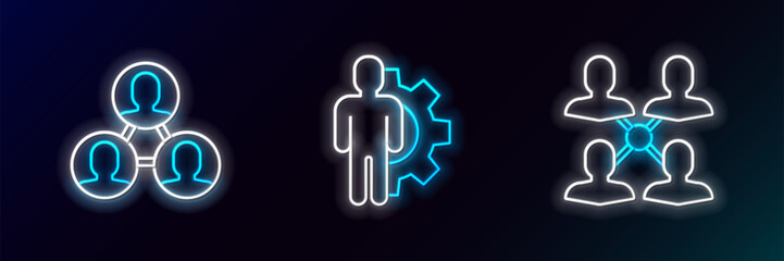 Poster - Set line Project team base, and Human with gear inside icon. Glowing neon. Vector