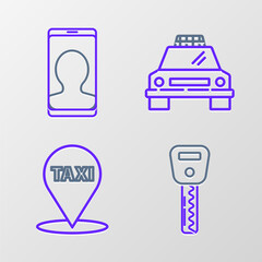 Poster - Set line Car key, Map pointer with taxi, Taxi car and call telephone service icon. Vector