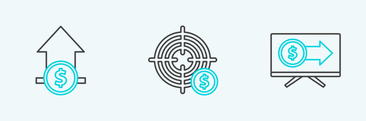 Sticker - Set line Monitor with dollar, Financial growth and coin and Target symbol icon. Vector