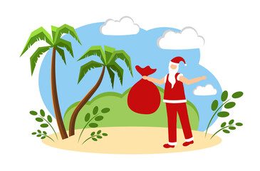 Santa Claus stands on the beach under palm trees. Vector illustration isolated on white background