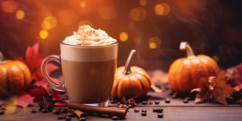 Wall Mural - Pumpkin spice latte in mug with seasonal decoration