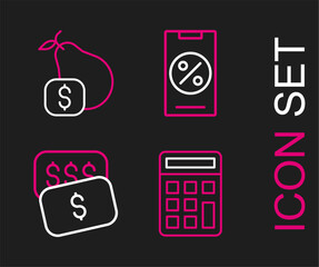 Poster - Set line Calculator, New price tag dollar, Percent discount and mobile and Price for pear icon. Vector