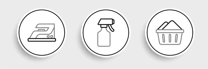 Sticker - Set line Basin with soap suds, Electric iron and Water spray bottle icon. Vector