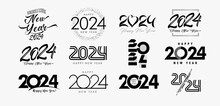 Set Of 2024 Happy New Year Logo Text Design. Christmas Symbols 2024 Happy New Year. 20 24 Number Design Template. Vector Illustration With Black Creative Symbols For Calendars, Diaries, Annual Reports