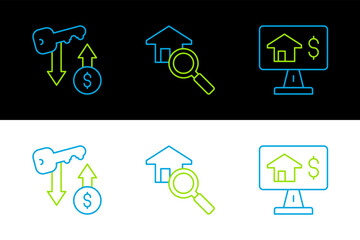 Sticker - Set line Online real estate, Rent key and Search house icon. Vector