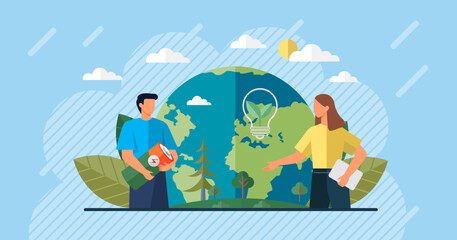 Wall Mural - respect for environment. save planet. man and woman standing at globe. earth day concept for poster.