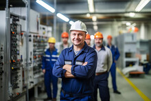 Portrait Of Industry Maintenance Engineer Man Wearing Uniform And Safety Hard Hat On Factory Station. Industry, Engineer, Construction Concept. 