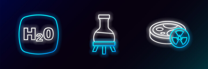 Wall Mural - Set line Test tube with toxic liquid, Chemical formula H2O and icon. Glowing neon. Vector