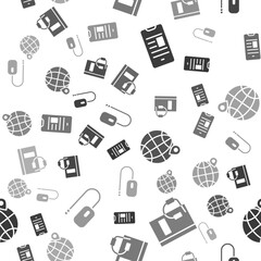 Sticker - Set Online book on mobile, Audio book, Location on the globe and Computer mouse on seamless pattern. Vector