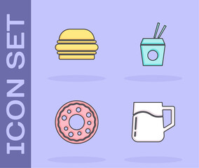 Poster - set wooden beer mug, burger, donut and asian noodles and chopsticks icon. vector