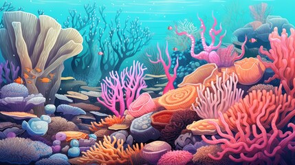 Poster - Coral reef underwater texture. Vivid corals. Undersea bottom texture. Underwater life scene. AI illustration.